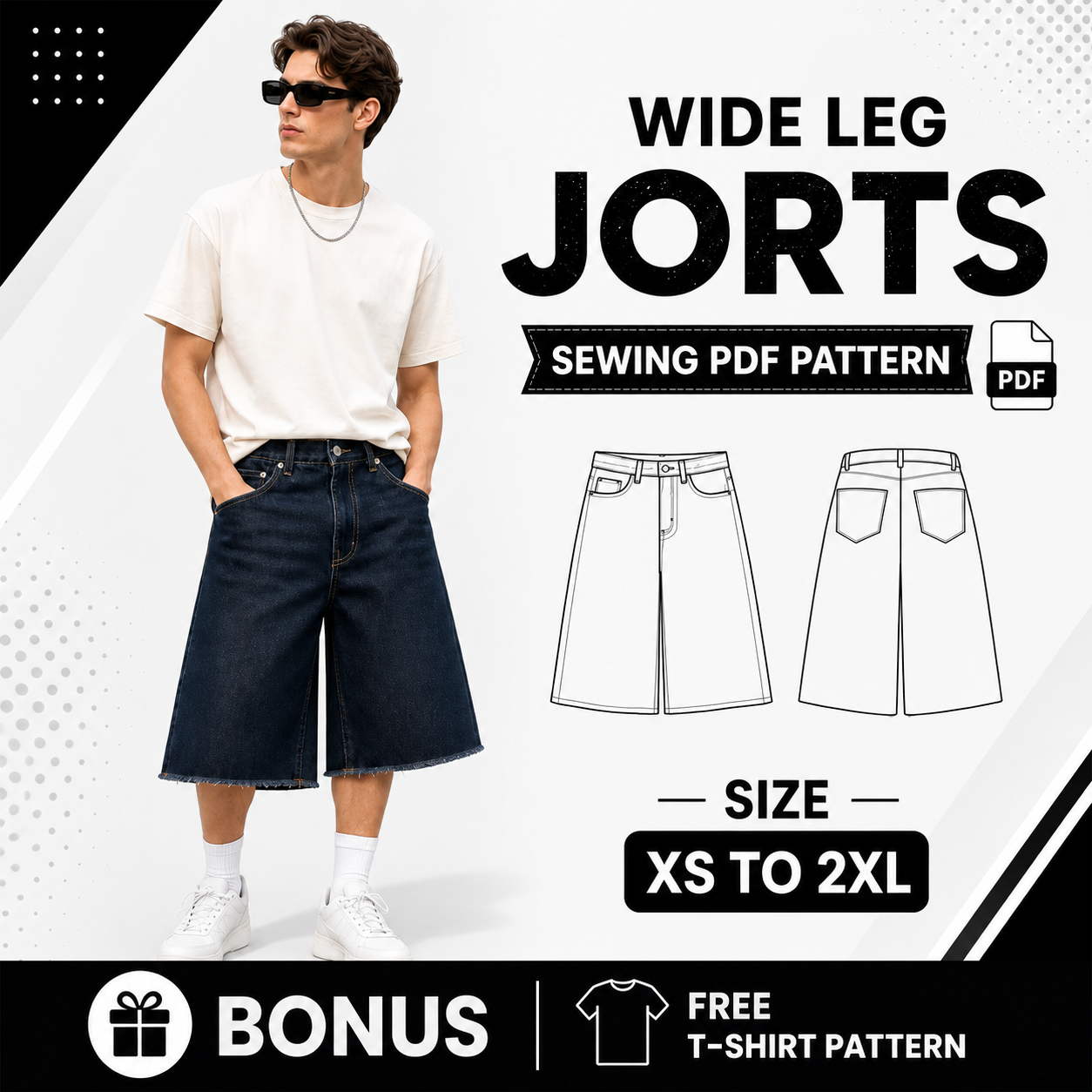 Men Shorts Sewing Pattern PDF | Wide Leg Denim Shorts Pattern XS-2XL | Streetwear Skater Shorts DIY | Bermuda Shorts Digital Download