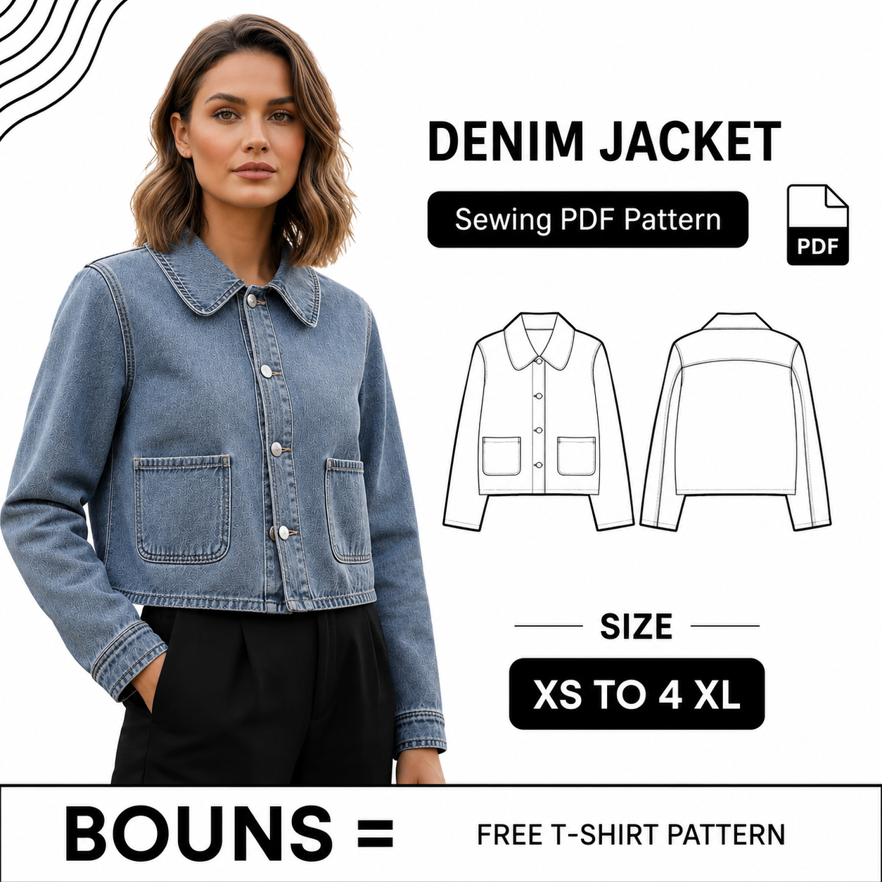 Cropped Denim Jacket Sewing Pattern | Fitted Jean Jacket, XS-XL (PDF)